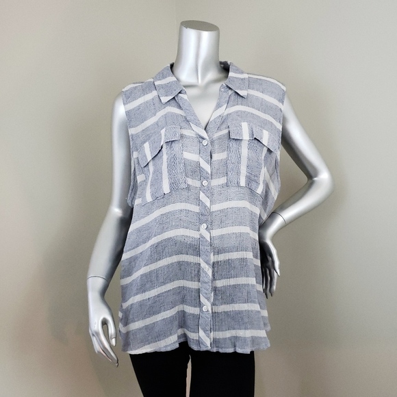Attention Blue & White Sheer Button Down Collar Tank Top With Pockets - Picture 1 of 2